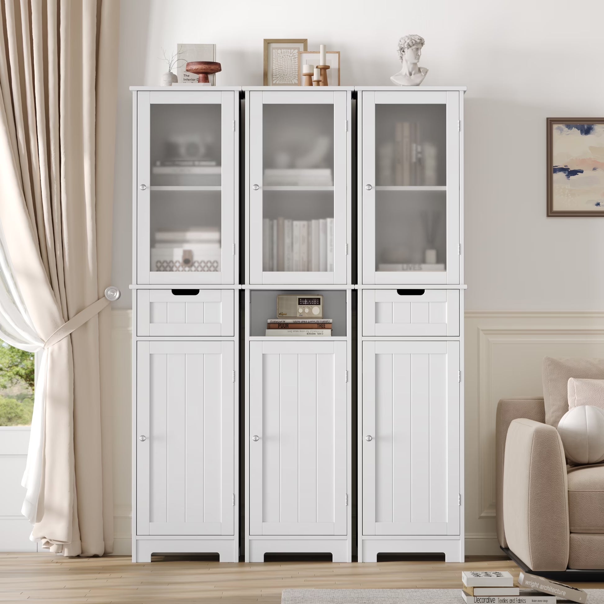 Bathroom Storage Tower, Narrow Linen Cabinet with Door and Drawers, Tall Bathroom Storage Cabinet for Small Spaces, White