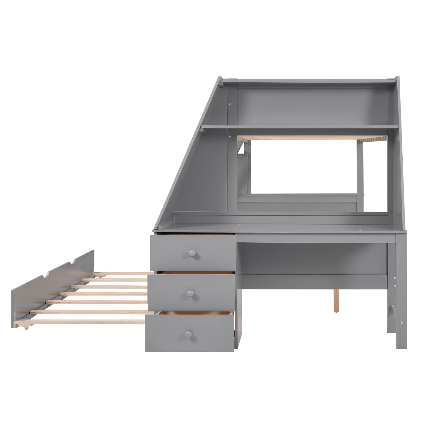 Wood Twin over Full Bunk Bed with Twin Trundle, Built-In Desk with Shelf and 3 Drawers for Kids Teens Adults, 3-In-1 Beds, Gray