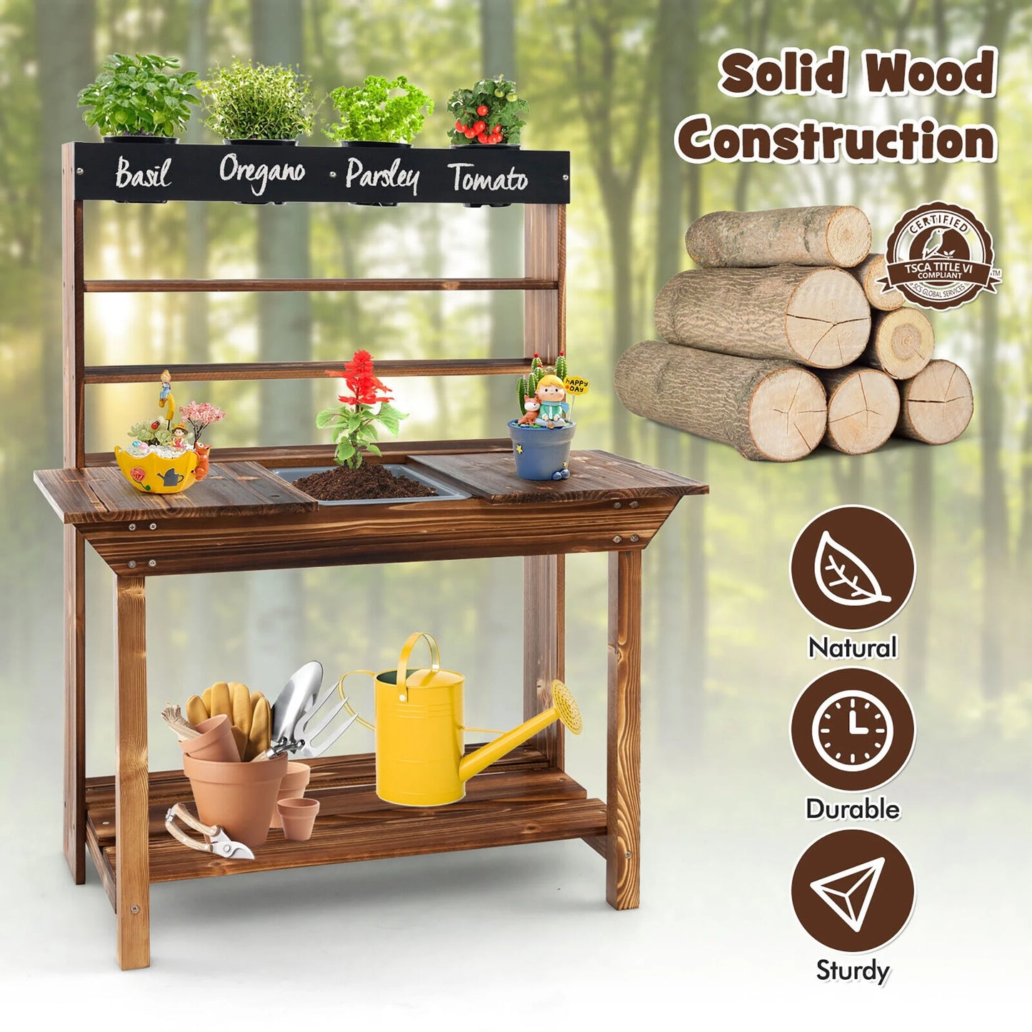 Kids Potting Bench Wooden Toy Gardening Center W/ Removable Sink & Chalkboard