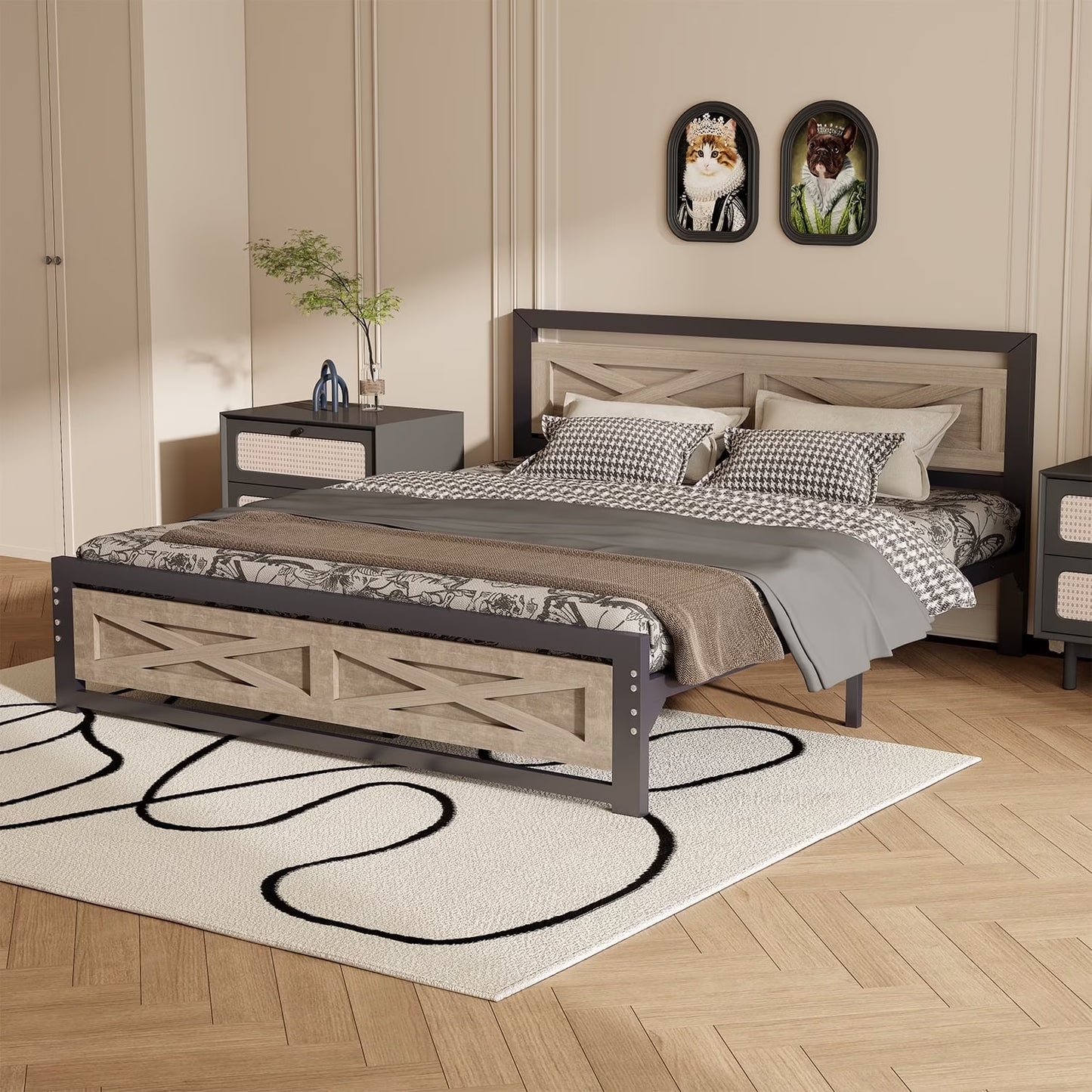 Behost Twin Bed Frame with Headboard and Underbed Storage, Metal Wood Platform Bed Frame Twin, No Box Spring Needed