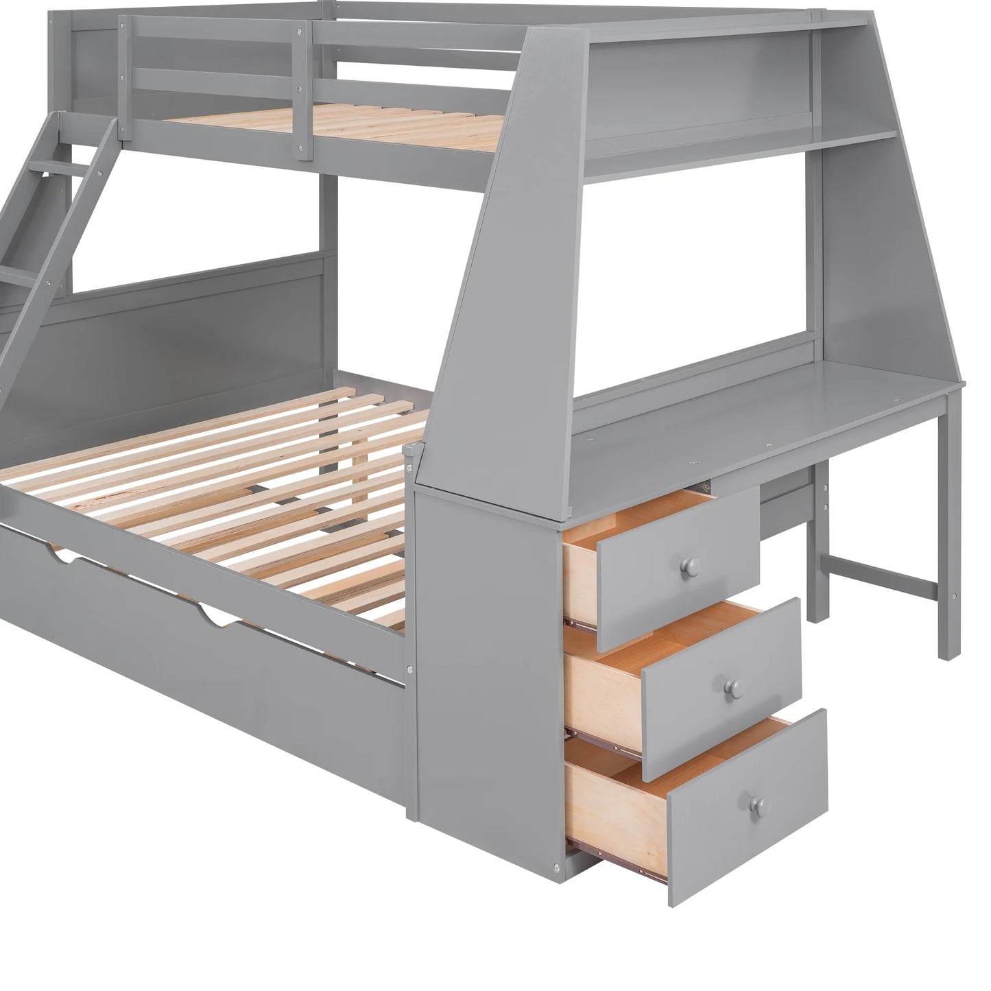 Wood Twin over Full Bunk Bed with Twin Trundle, Built-In Desk with Shelf and 3 Drawers for Kids Teens Adults, 3-In-1 Beds, Gray