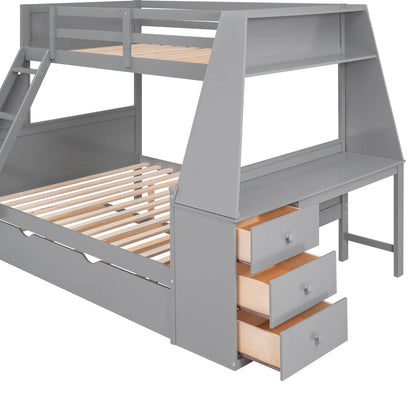 Wood Twin over Full Bunk Bed with Twin Trundle, Built-In Desk with Shelf and 3 Drawers for Kids Teens Adults, 3-In-1 Beds, Gray