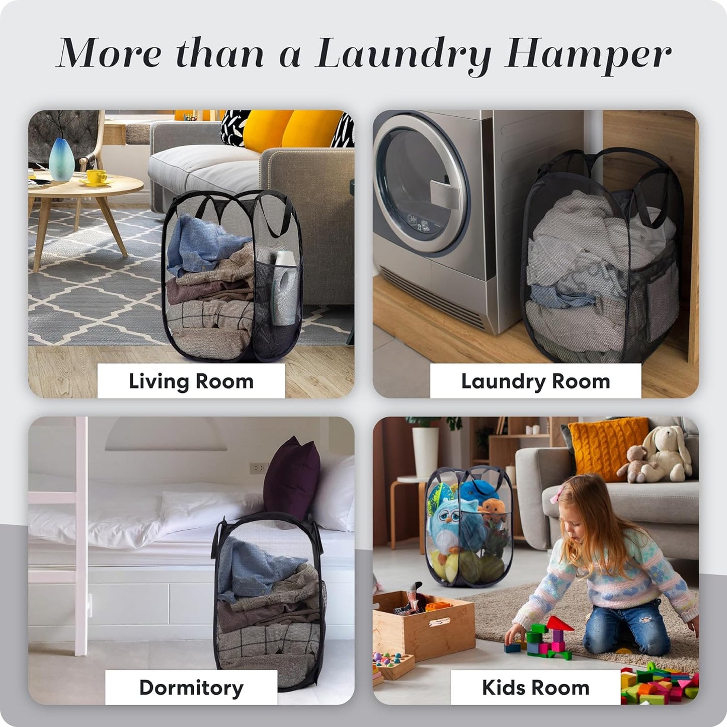 Collapsible Mesh Pop up Hamper with Wide Opening and Side Pocket - Breathable, Sturdy, Foldable, and Space-Saving Design for Clothes and Storage (Black)