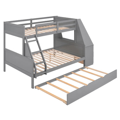 Wood Twin over Full Bunk Bed with Twin Trundle, Built-In Desk with Shelf and 3 Drawers for Kids Teens Adults, 3-In-1 Beds, Gray