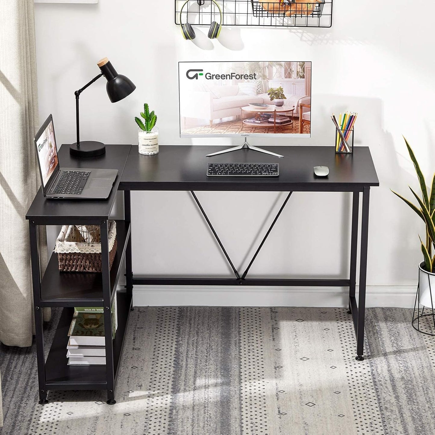 51 Inch L Shaped Gaming Desk Small Reversible Corner Gaming Computer Desk with Storage Shelves for Home Office PC Workstation Laptop Table, Black