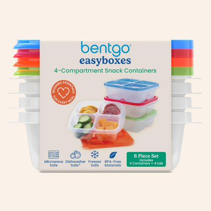 Easyboxes 4-Compartment Snack Containers - 8-Piece Set with 4 Trays & 4 Custom-Fit Lids to Seal in Freshness - Reusable Food Storage & Meal Prep Bento Bpa-Free Containers (Classic 4-Pack)