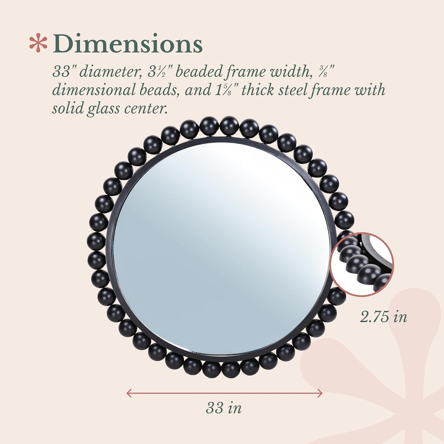 Black Circle Mirror - 33 X 33In - Chic round Mirror for Living Room, Bathroom, Entryway, Vanity Decor -Dimensional Crystal Clear Beads Reflect Light - Home Wall Decor