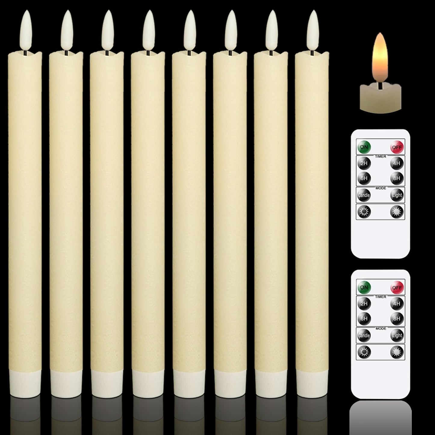 Flameless Flickering Taper Candles with 2 Remote Controls and Timer, Real Wax 3D Wick Light Window Candles Battery Operated Pack of 8, Christmas Home Wedding Decor(Ivory, 0.78 X 9.64 Inch)