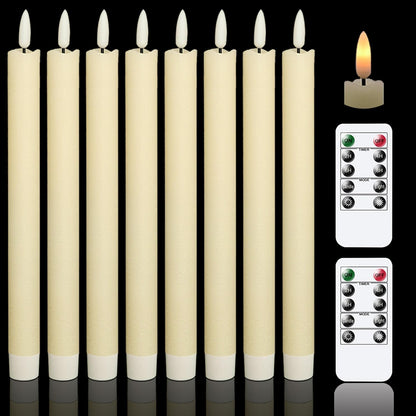 Flameless Flickering Taper Candles with 2 Remote Controls and Timer, Real Wax 3D Wick Light Window Candles Battery Operated Pack of 8, Christmas Home Wedding Decor(Ivory, 0.78 X 9.64 Inch)