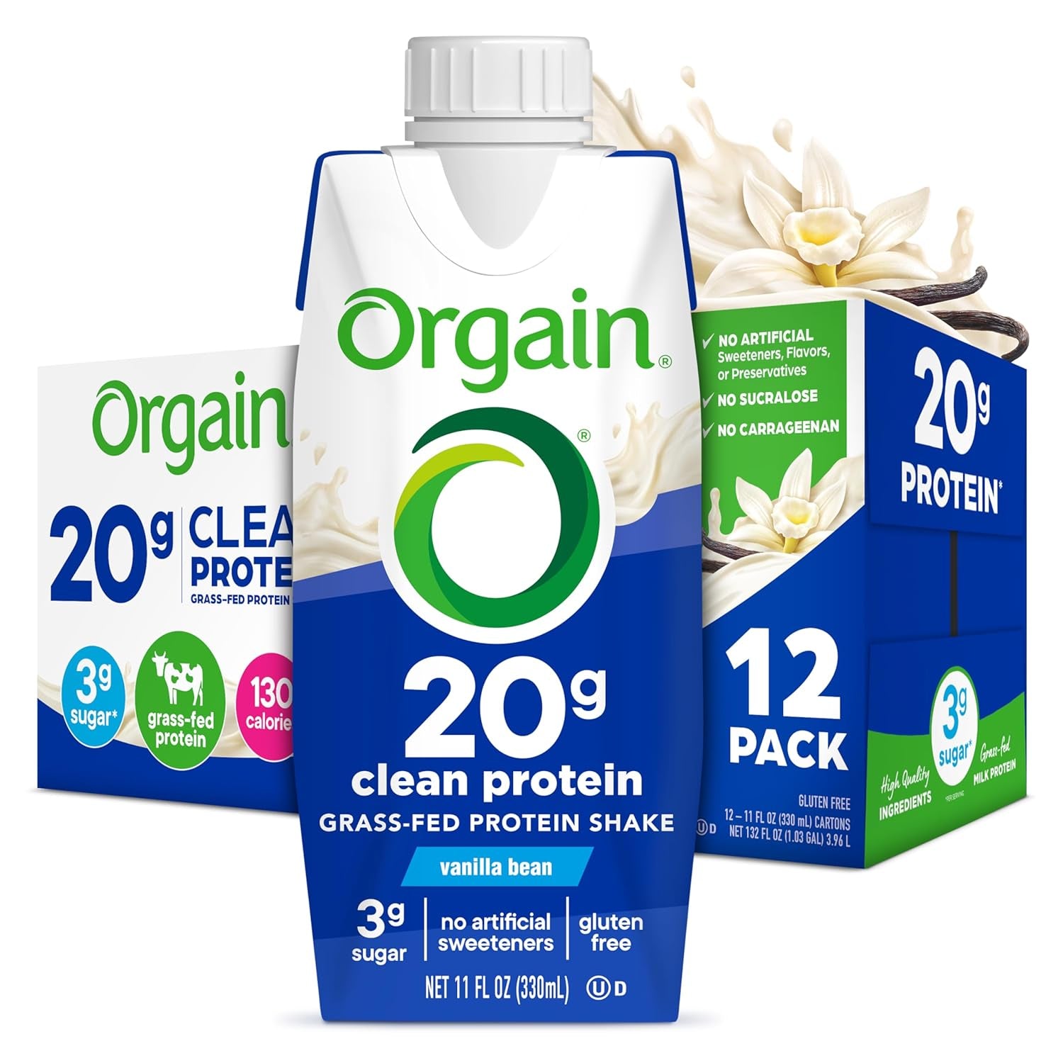 Orgain Clean Protein Shake, Grass Fed Dairy, Vanilla Bean - 20G Whey High Protein, Kosher, Ready to Drink, Low Net Carbs, Gluten Free, No Soy Ingredients, 11 Fl Oz (Pack of 12)