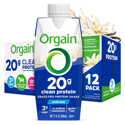 Orgain Clean Protein Shake, Grass Fed Dairy, Vanilla Bean - 20G Whey High Protein, Kosher, Ready to Drink, Low Net Carbs, Gluten Free, No Soy Ingredients, 11 Fl Oz (Pack of 12)