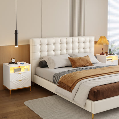 LED Nightstand with 2 Drawers, Charging Station, White Modern Night Table High Gloss End Side Table for Bedroom
