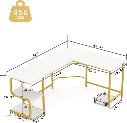 Reversible L Shaped Desk with Large Surface, 61 Inch Sturdy Corner Desk with Storage Shelves, Premium Office Computer Desk Workstation for Home Office Gaming