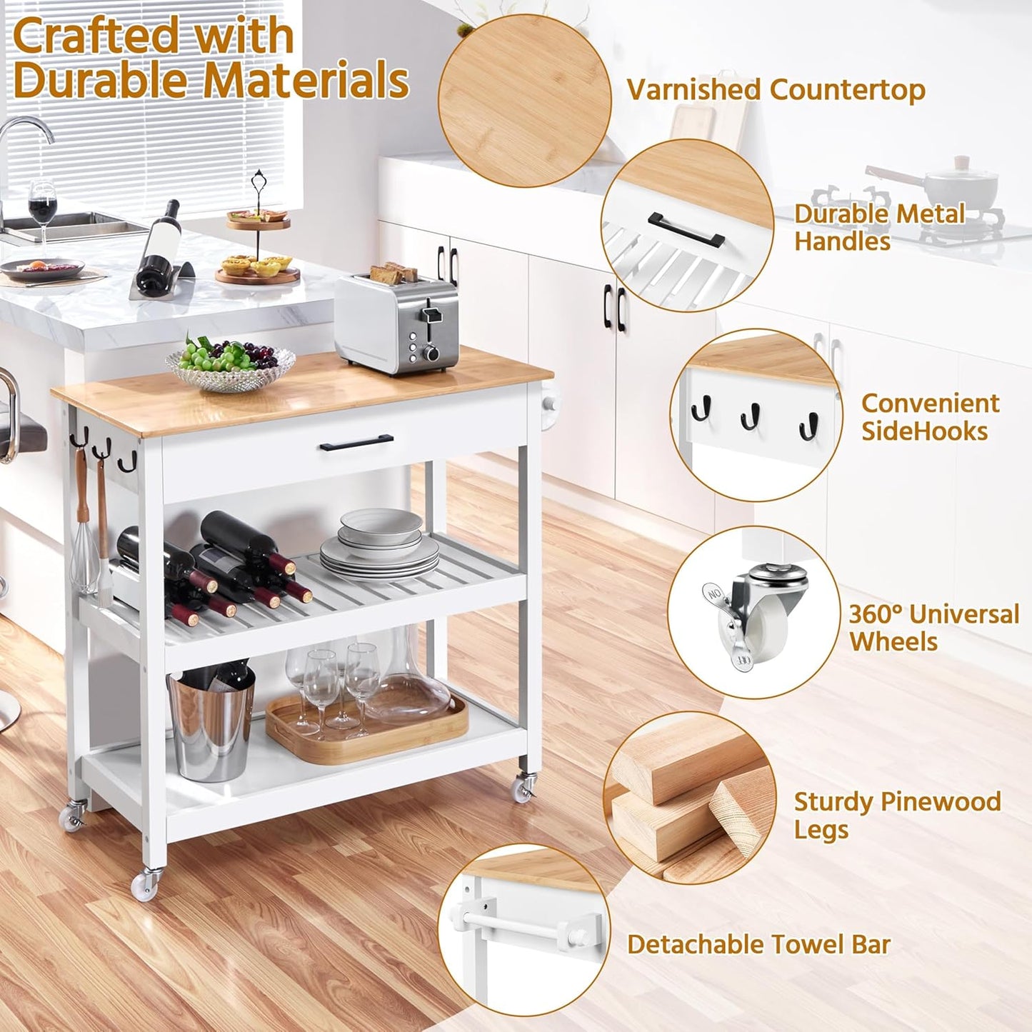 Kitchen Island Cart on Wheels with Bamboo Tabletop, 3-Tier Rolling Kitchen Island Microwave Cart with Drawer, Detachable Towel, 3 Hooks, 17" D X 37.5" W, White