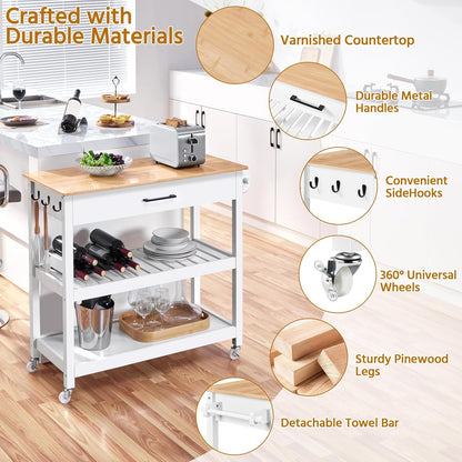 Kitchen Island Cart on Wheels with Bamboo Tabletop, 3-Tier Rolling Kitchen Island Microwave Cart with Drawer, Detachable Towel, 3 Hooks, 17" D X 37.5" W, White
