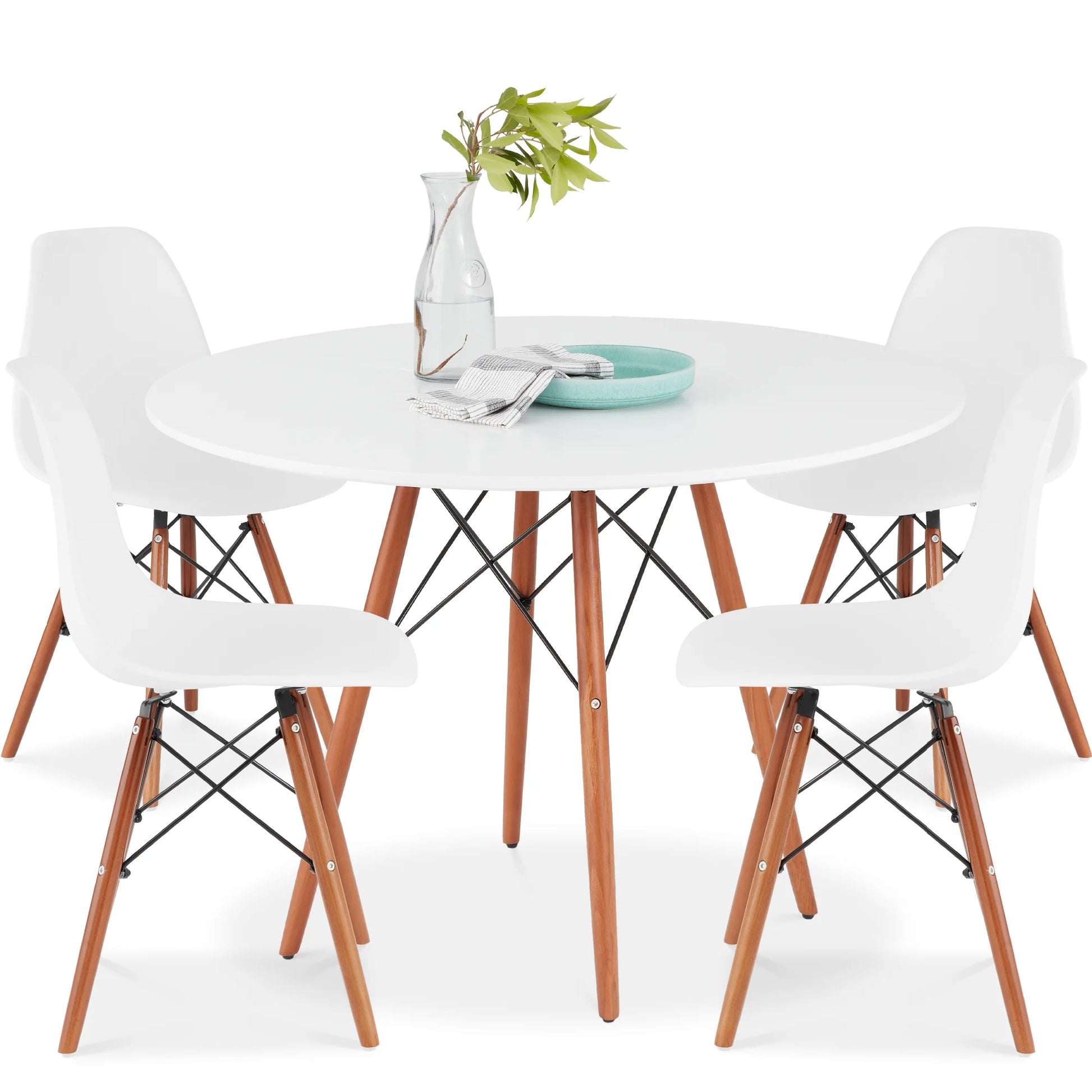 5-Piece Compact Mid-Century Modern Dining Set W/ 4 Chairs, Wooden Legs - White/Walnut