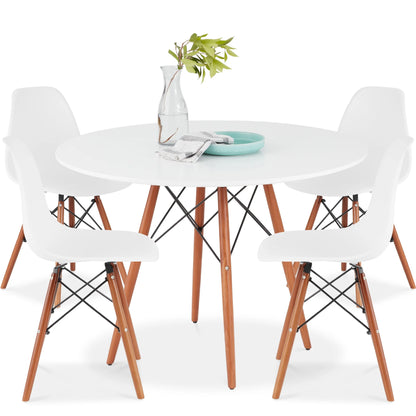 5-Piece Compact Mid-Century Modern Dining Set W/ 4 Chairs, Wooden Legs - White/Walnut