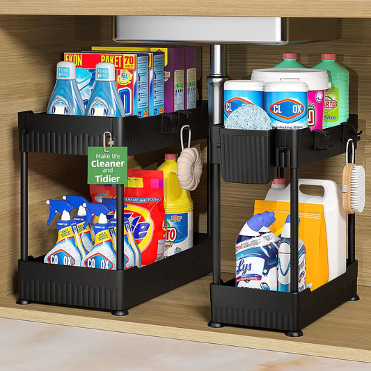 2 Pack under Sink Organizer, under Bathroom Cabinet Organizer with Hooks Hanging Cup, Multi-Purpose Storage Shelf for Kitchen Bathroom, Black