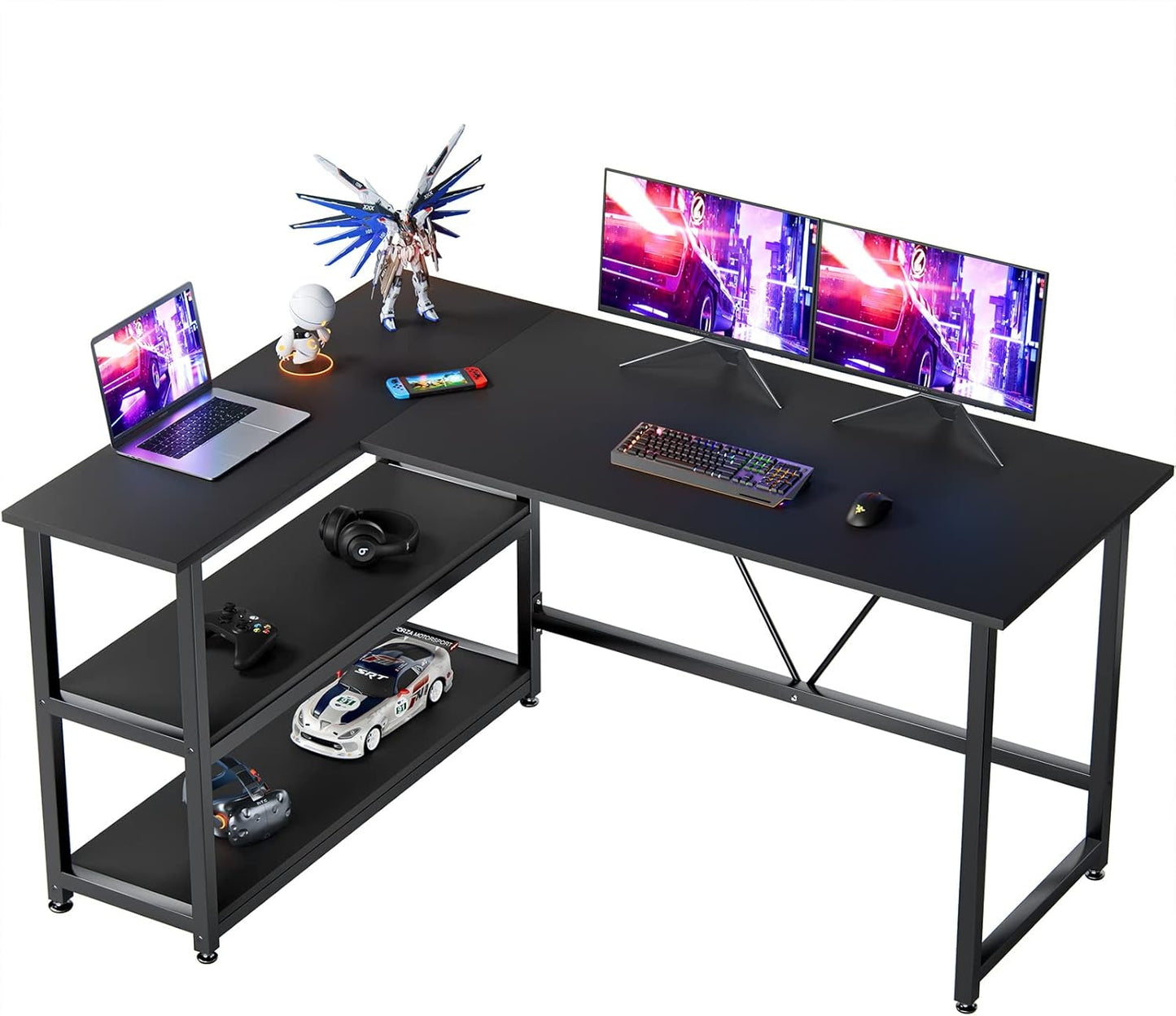 51 Inch L Shaped Gaming Desk Small Reversible Corner Gaming Computer Desk with Storage Shelves for Home Office PC Workstation Laptop Table, Black