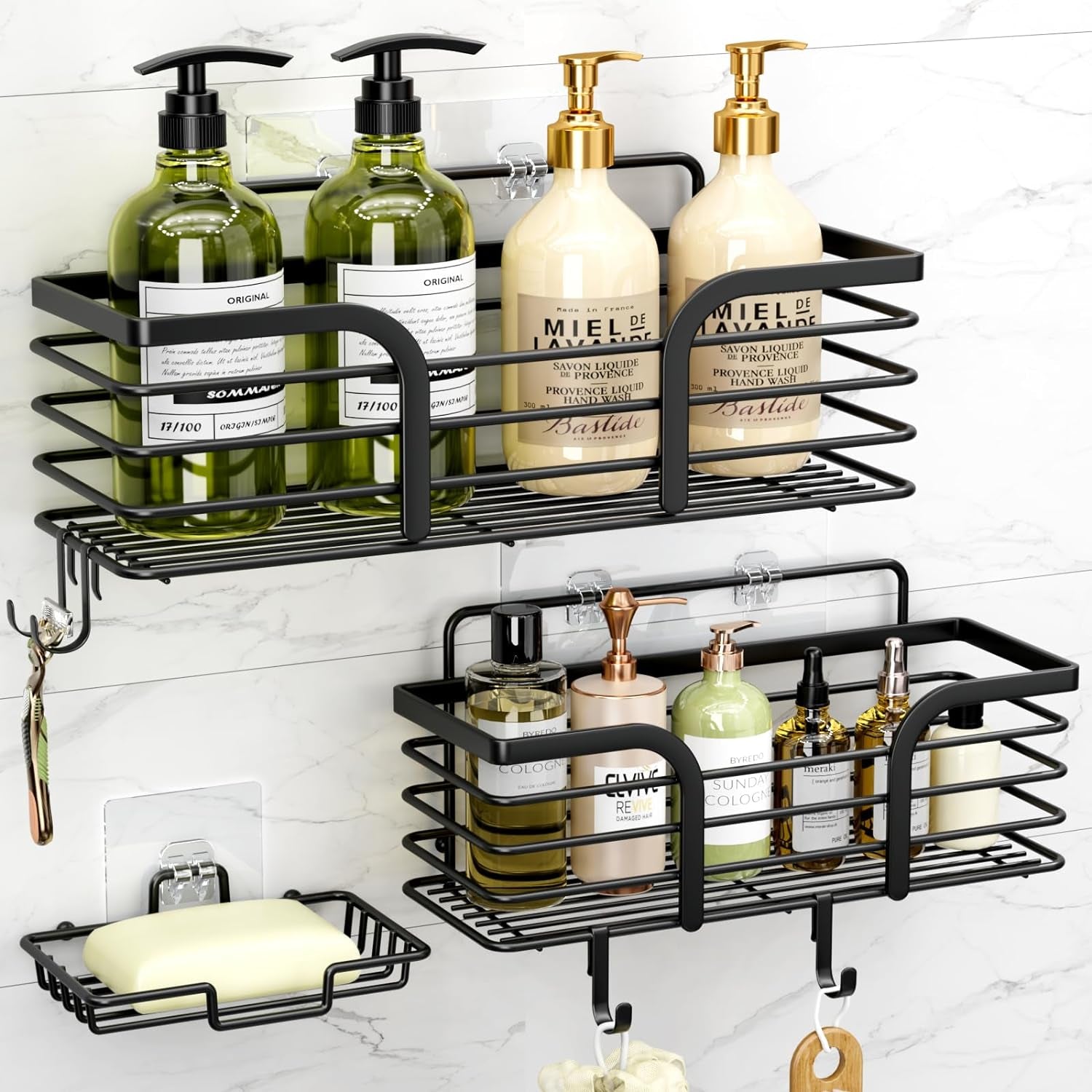 Shower Caddy, Shower Organizer with Soap Holder and Hooks, Rustproof Shower Shelves, No Drilling Bathroom Organizers and Storage, Wall-Mounted Kitchen & Home Decor (Black)