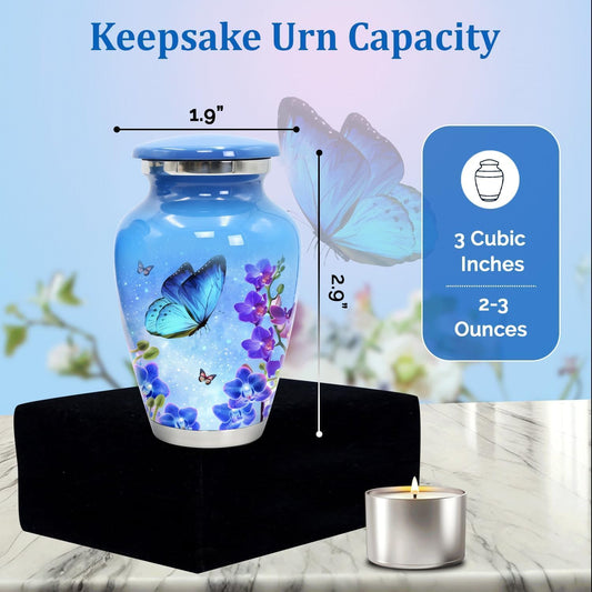 Small Keepsake Urns for Human Ashes - Set of 4 Mini Cremation Urns (Holds 3 Cu in Each) - Memorial Sharing Urns with Velvet Bag & Gift Box (Sky Blue, Set of 4)