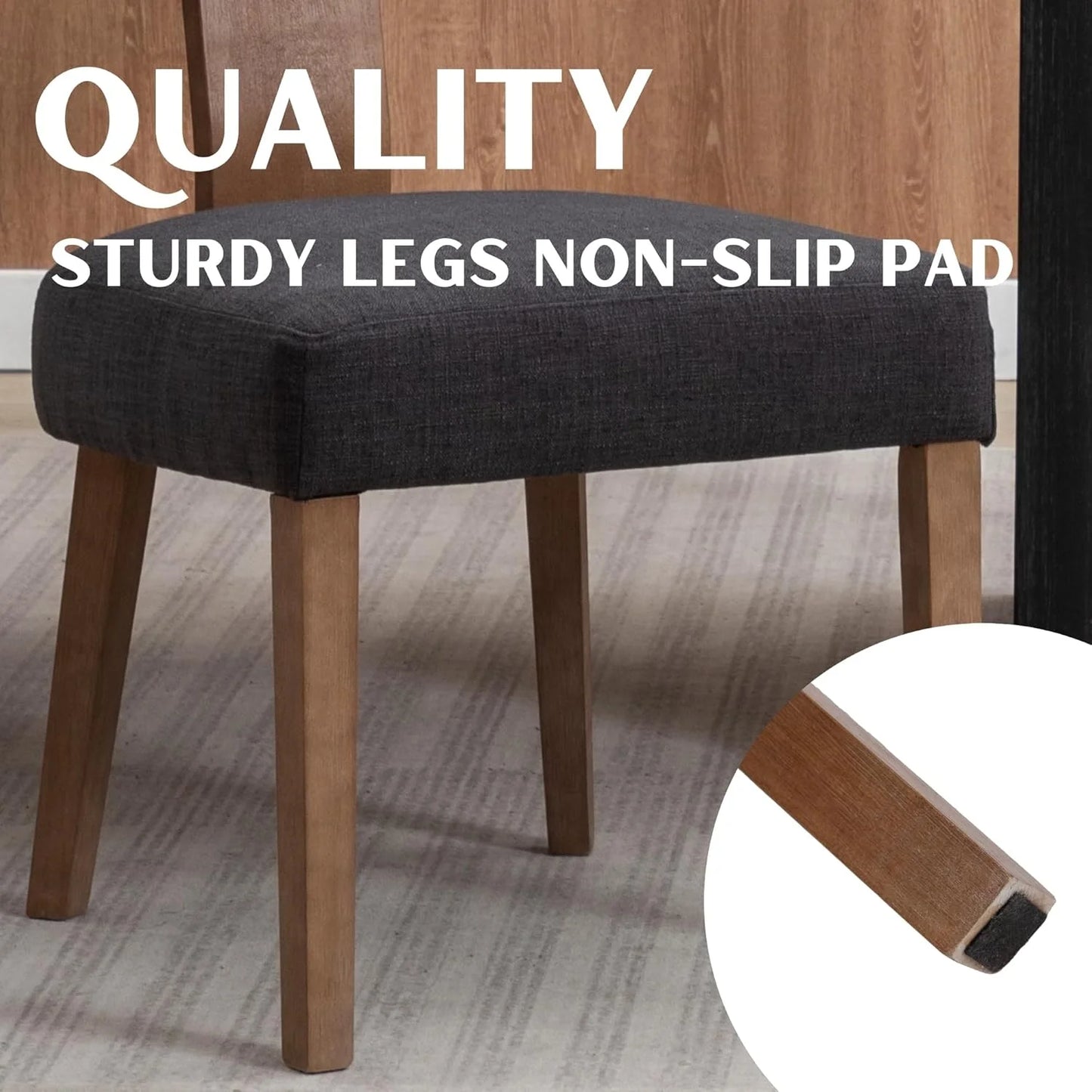 Modern Rattan Backrest Dining Chairs Set of 2, Mid-Century Farmhouse Linen Upholstered Kitchen Chairs Solid Wood Side Chairs for Kitchen Dining Room Living Room, Charcoal