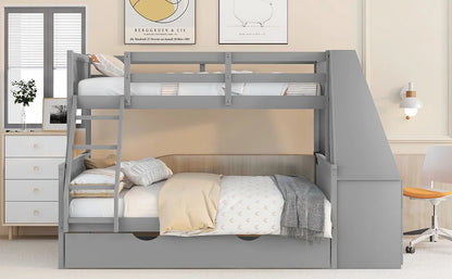 Wood Twin over Full Bunk Bed with Twin Trundle, Built-In Desk with Shelf and 3 Drawers for Kids Teens Adults, 3-In-1 Beds, Gray