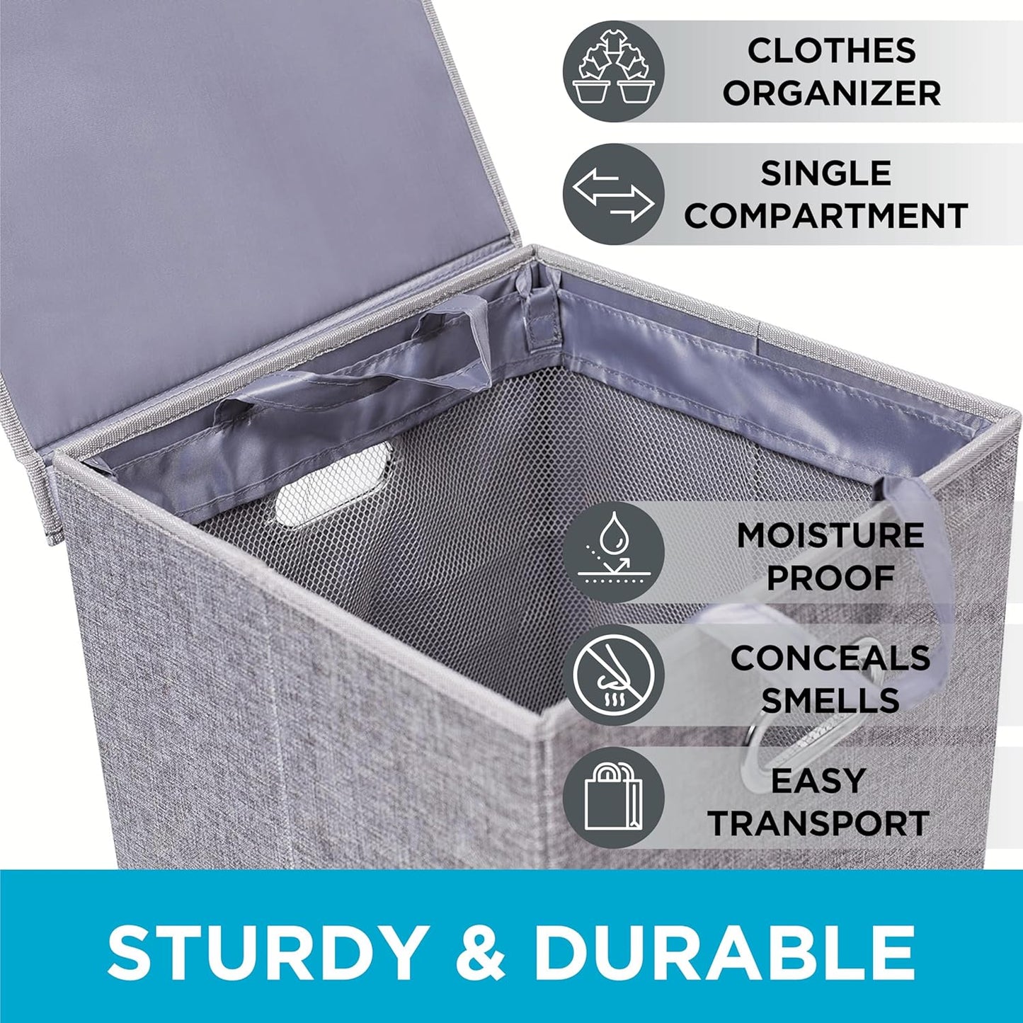 Laundry Hamper with Lid | Removable Bags for Sorting Clothes | Sectioned Laundry Basket for Bedroom & Bathroom | Collapsible Storage Bin with Cover | Single, Grey