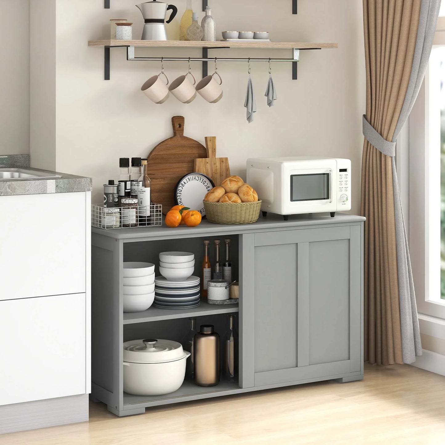 Kitchen Storage Cabinet Sideboard Buffet Cupboard Wood Sliding Door Pantry Gray