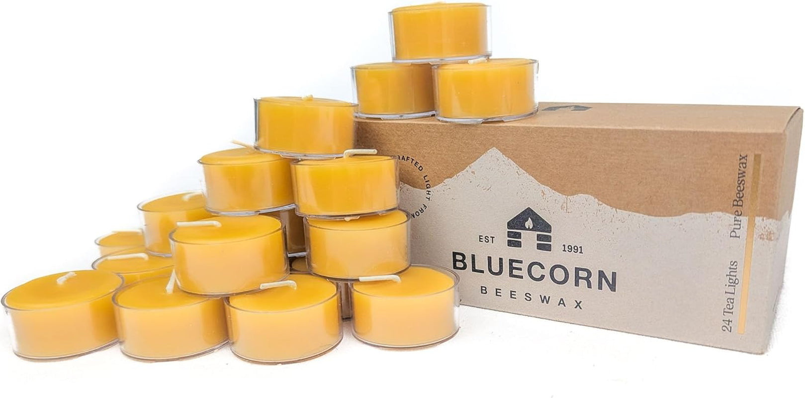 Tea Light Candles, 100% Pure Natural Bees Wax, Yellow Tea Lights, Fragrance Free, Paraffin & Soy Free Candle Wax, Clean Burning, Long Lasting (4-5 Hrs), American Made, 24 Pack
