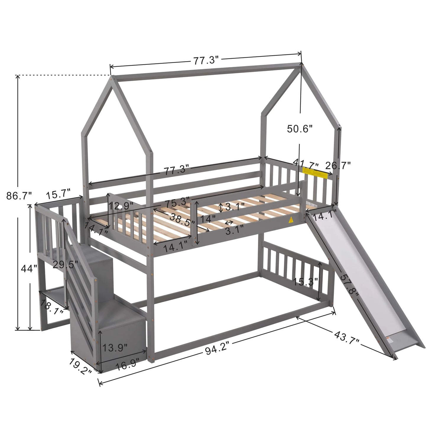 Twin House Bunk Bed with Staircase for Kids Teens Bedroom, Solid Wood Bunk Bed with Storage, Gray