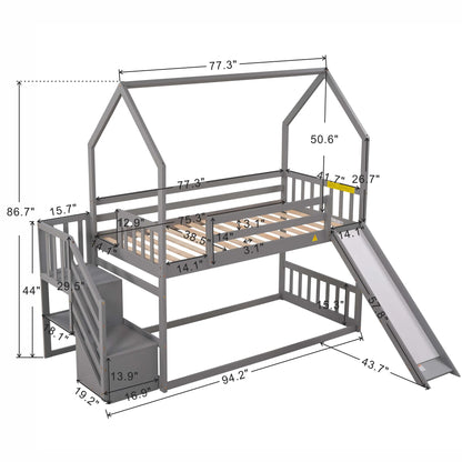 Twin House Bunk Bed with Staircase for Kids Teens Bedroom, Solid Wood Bunk Bed with Storage, Gray