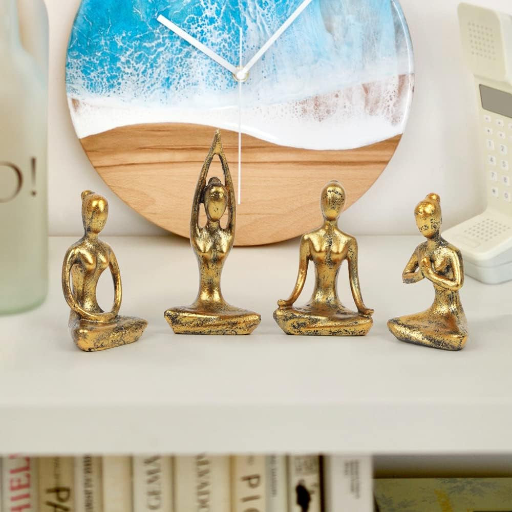 4Pcs Yoga Meditation Home Decor, Resin Yoga Figurines Modern Decorations for Shelf Bedroom Living Room Yoga Room Zen Decor (3.3"-Gold)
