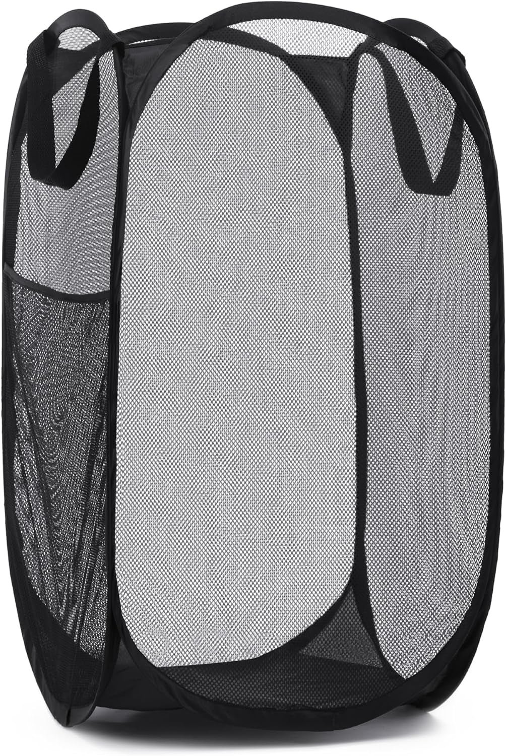 Collapsible Mesh Pop up Hamper with Wide Opening and Side Pocket - Breathable, Sturdy, Foldable, and Space-Saving Design for Clothes and Storage (Black)