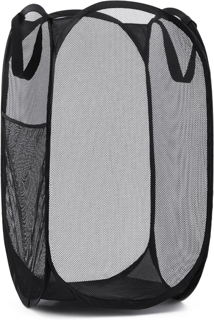 Collapsible Mesh Pop up Hamper with Wide Opening and Side Pocket - Breathable, Sturdy, Foldable, and Space-Saving Design for Clothes and Storage (Black)