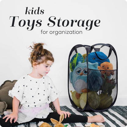 Collapsible Mesh Pop up Hamper with Wide Opening and Side Pocket - Breathable, Sturdy, Foldable, and Space-Saving Design for Clothes and Storage (Black)