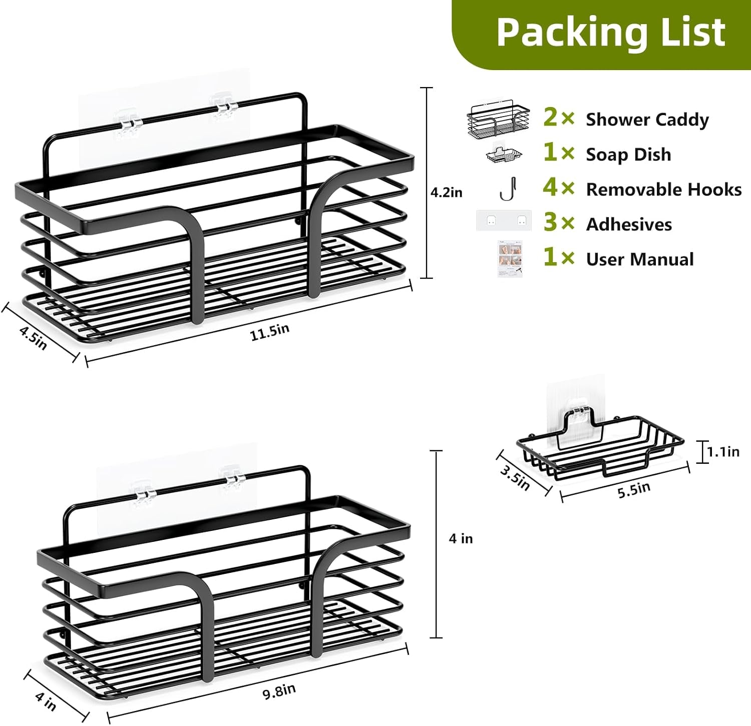 Shower Caddy, Shower Organizer with Soap Holder and Hooks, Rustproof Shower Shelves, No Drilling Bathroom Organizers and Storage, Wall-Mounted Kitchen & Home Decor (Black)