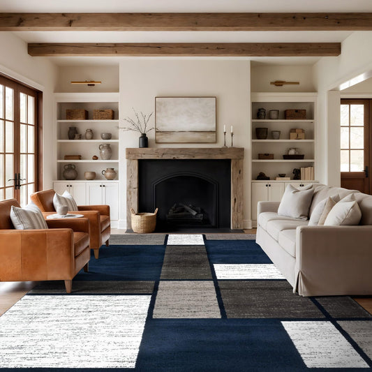 Modern Geometric Boxes Navy Area Rug, Fade-Resistant Carpet for Large Living Room, Bedroom, or Open Space, 10' X 14'